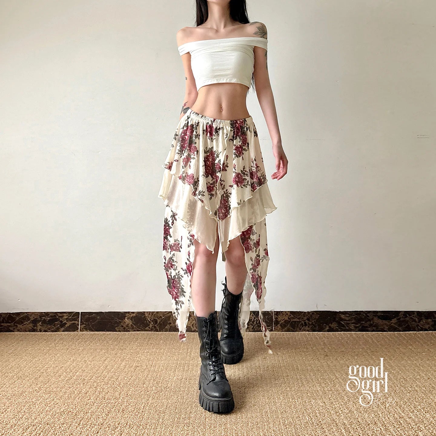 Kit Rose Print Asymmetric Skirt