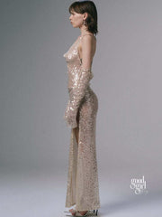 Theodora Sequin Mesh Midi Dress