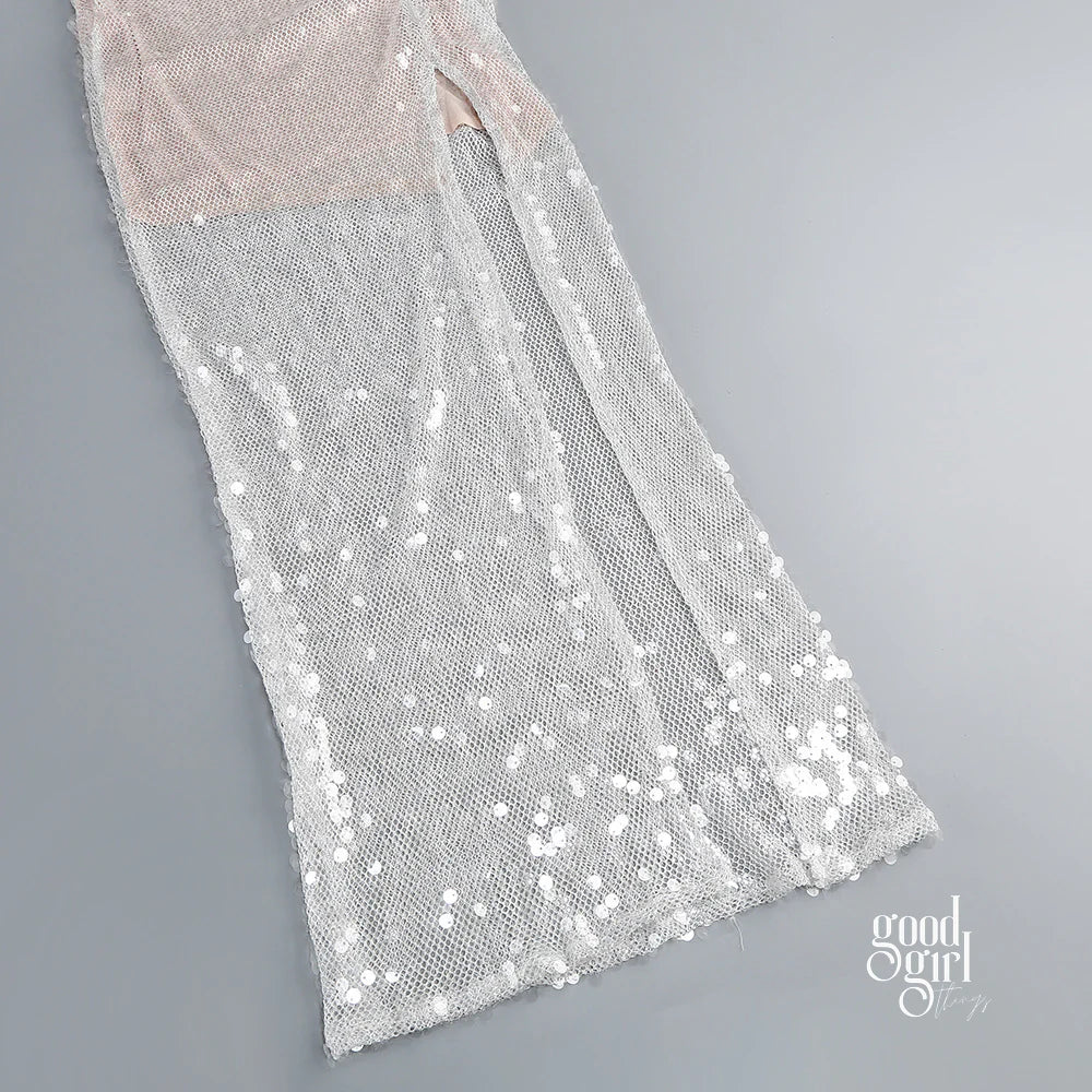 Theodora Sequin Mesh Midi Dress
