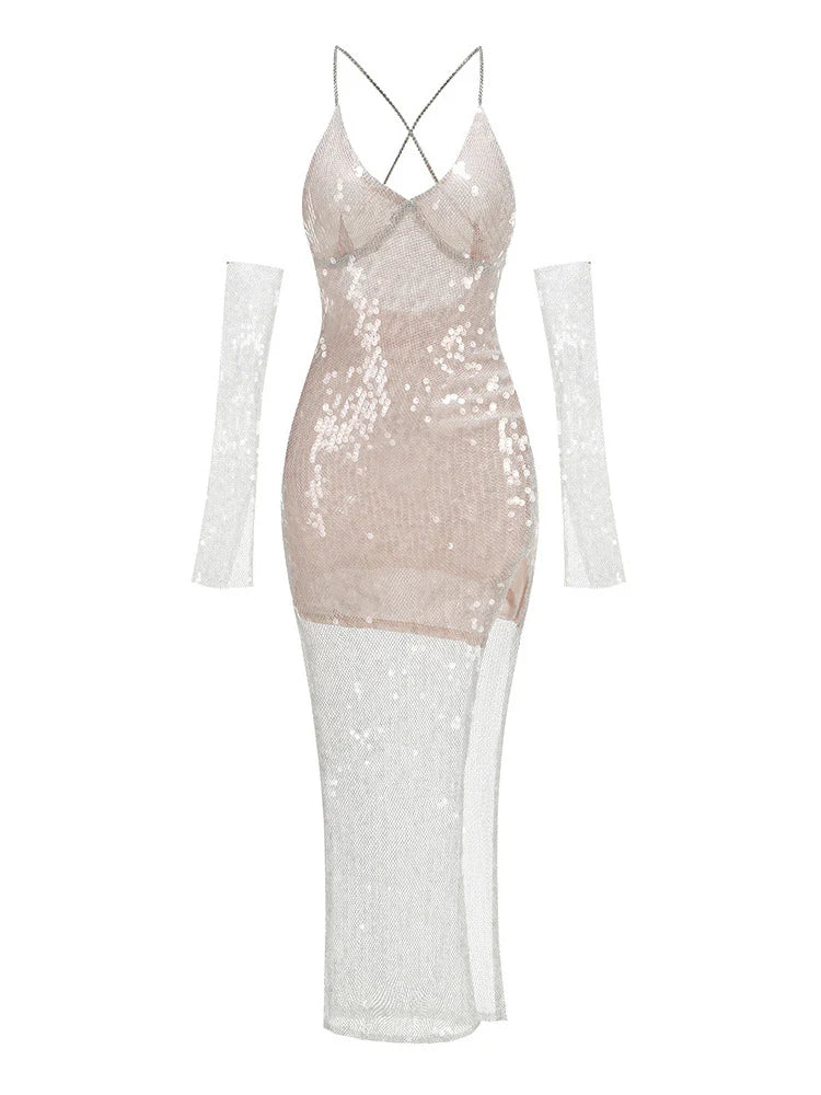 Theodora Sequin Mesh Midi Dress