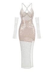 Theodora Sequin Mesh Midi Dress