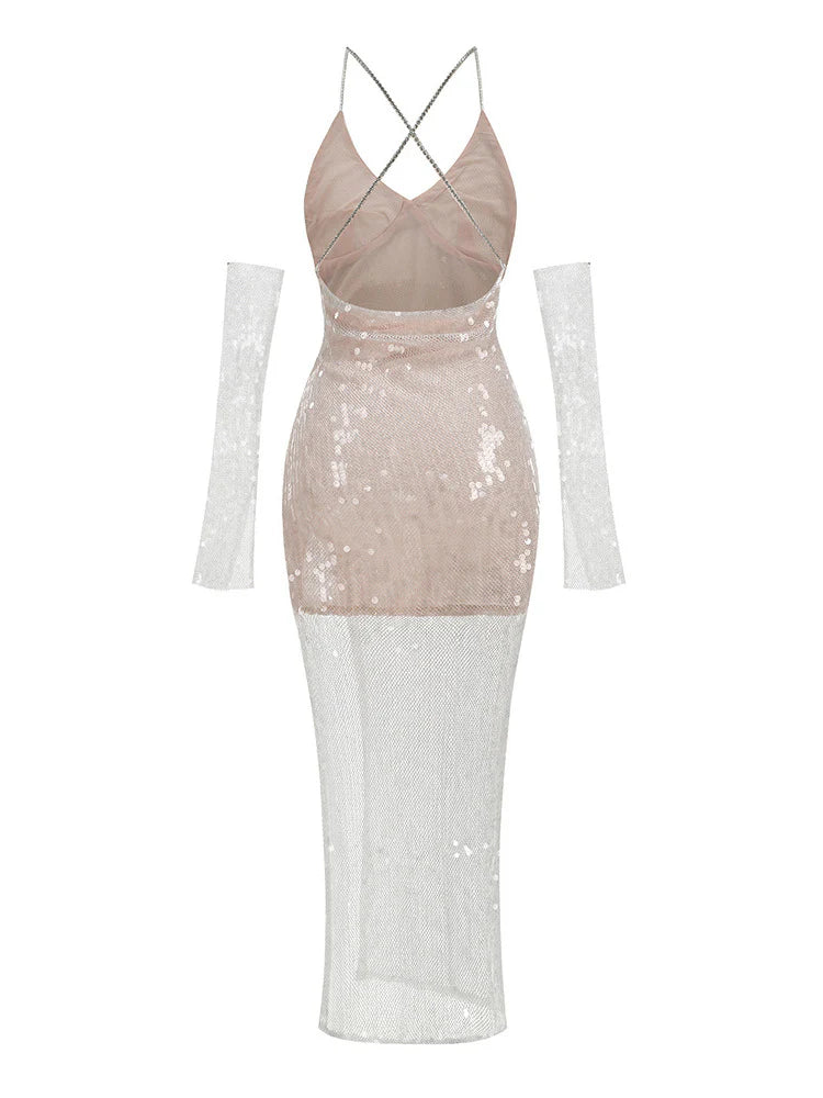 Theodora Sequin Mesh Midi Dress