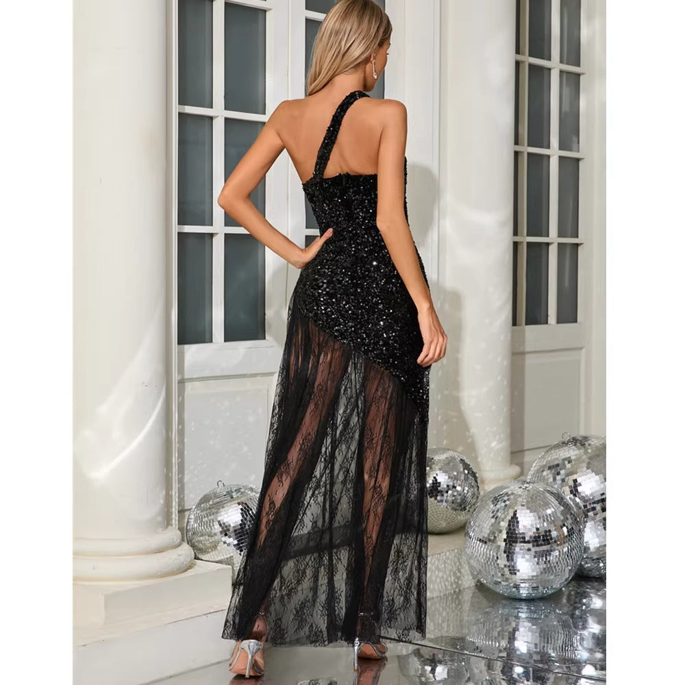 Nola Sequin One Shoulder Lace Dress