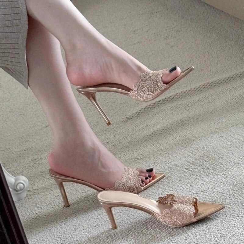 Nisa Lace Pointed-Toe Heeled Mules