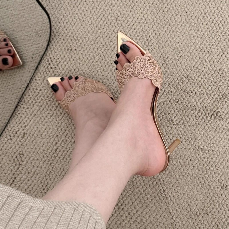 Nisa Lace Pointed-Toe Heeled Mules