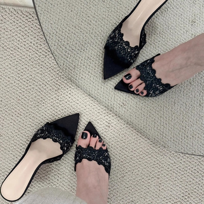 Nisa Lace Pointed-Toe Heeled Mules