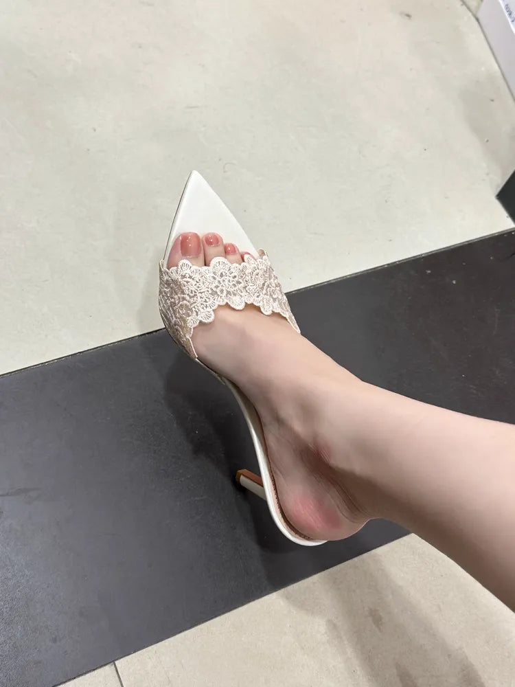 Nisa Lace Pointed-Toe Heeled Mules
