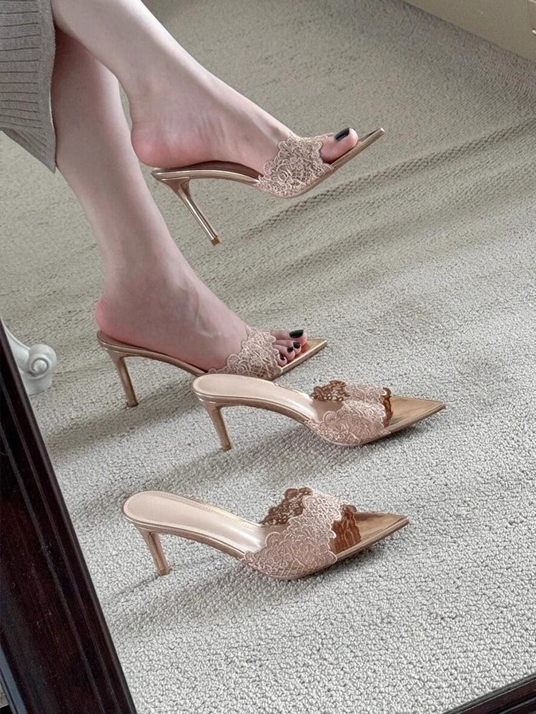 Nisa Lace Pointed-Toe Heeled Mules